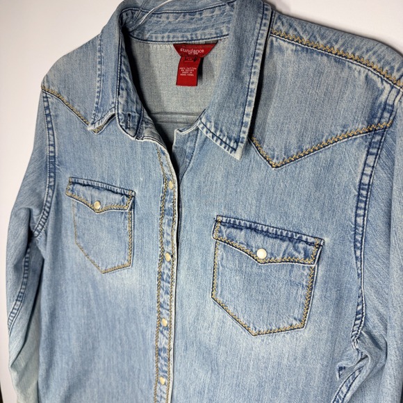 Sundance Vintage Denim Western Pearl Snap Button Shirt Size 14 Light Wash - Picture 4 of 11